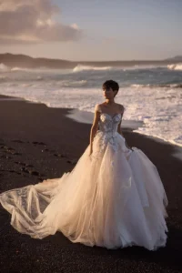 Robe de Mariée Princesse en Tulle Fleurs 3D avec une Longue Traîne