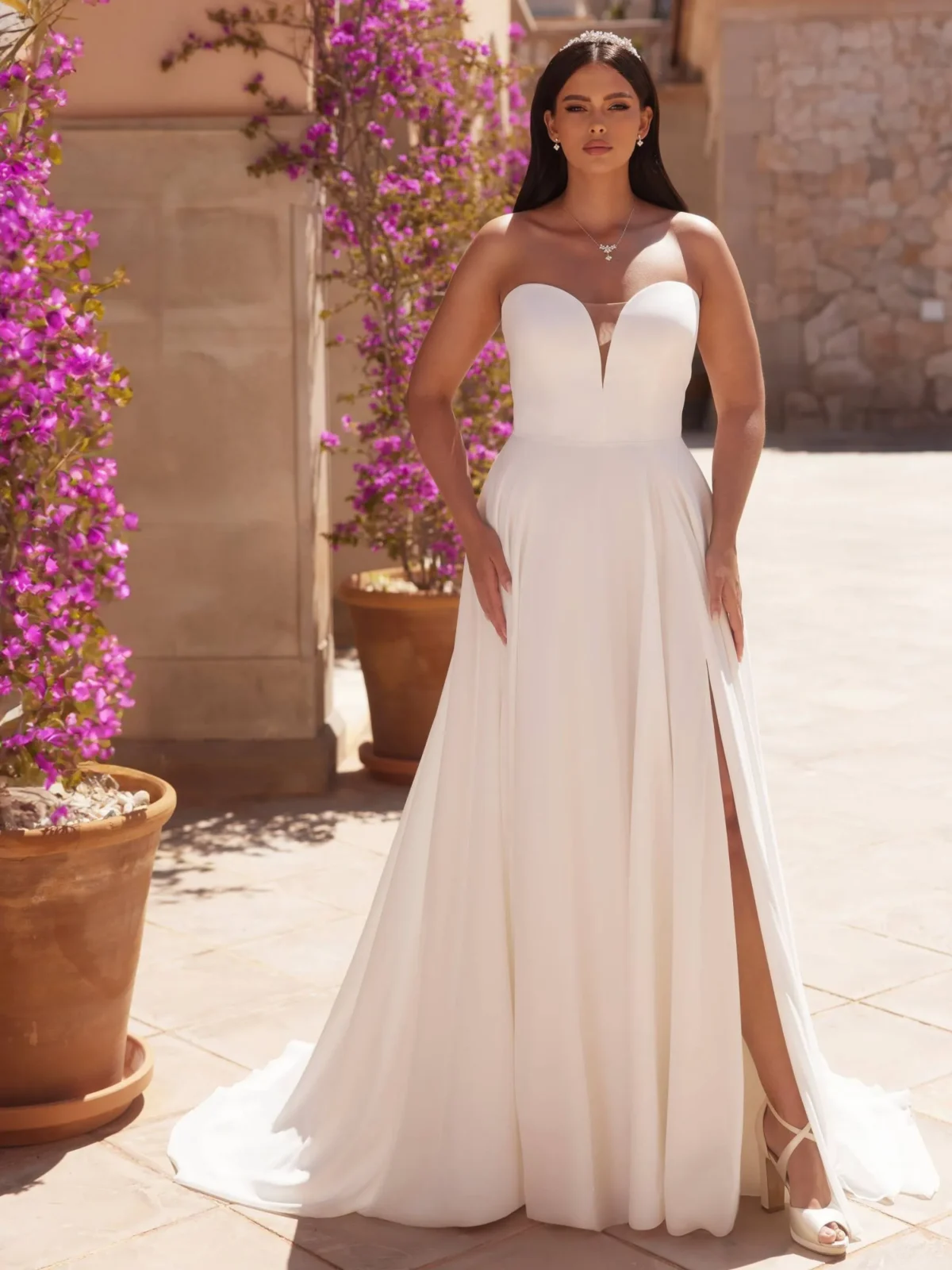Robe de Mariée Grande Taille Bustier avec Fente 